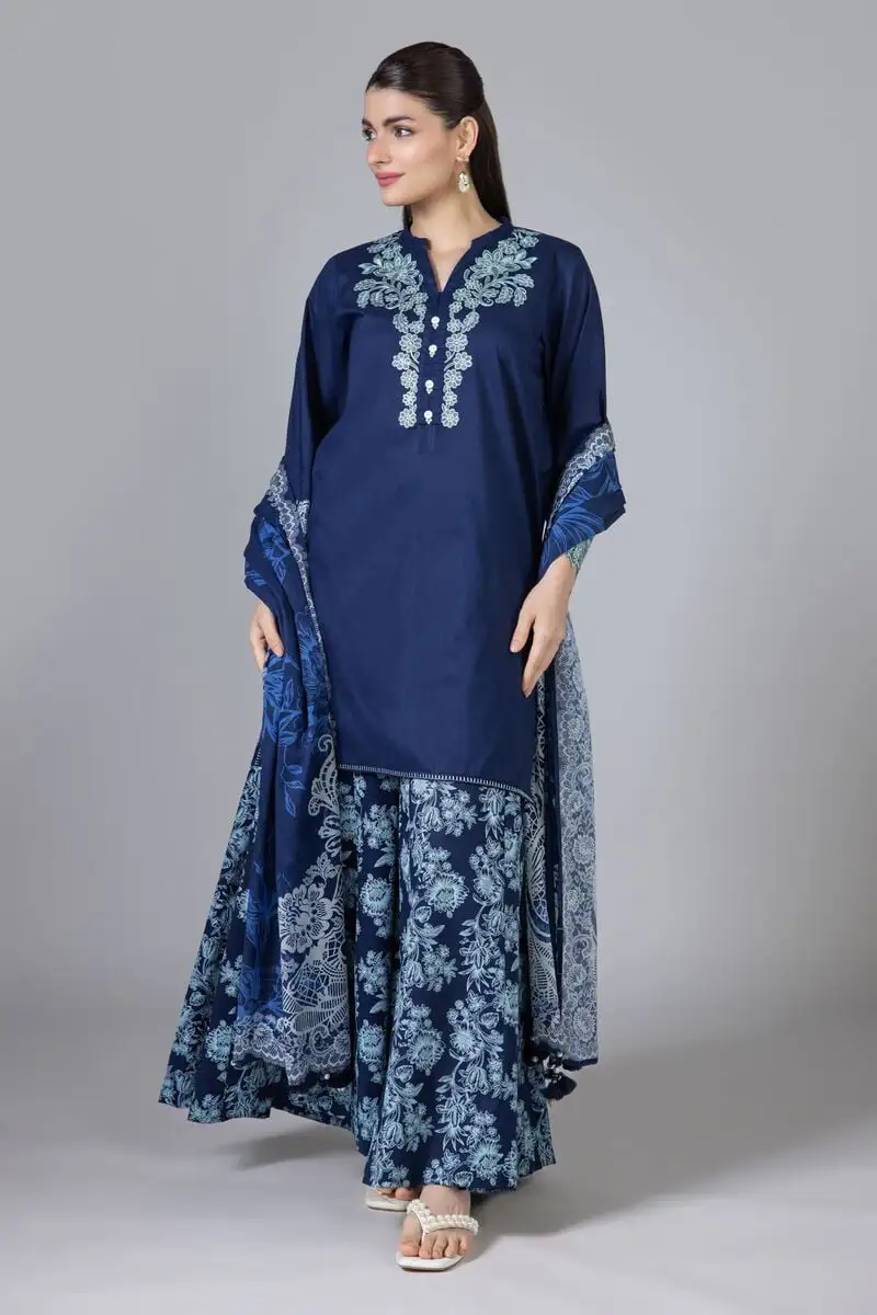 3 Piece Kurta Embroidered | Dupatta& Bottom & Tops | Color Navy blue