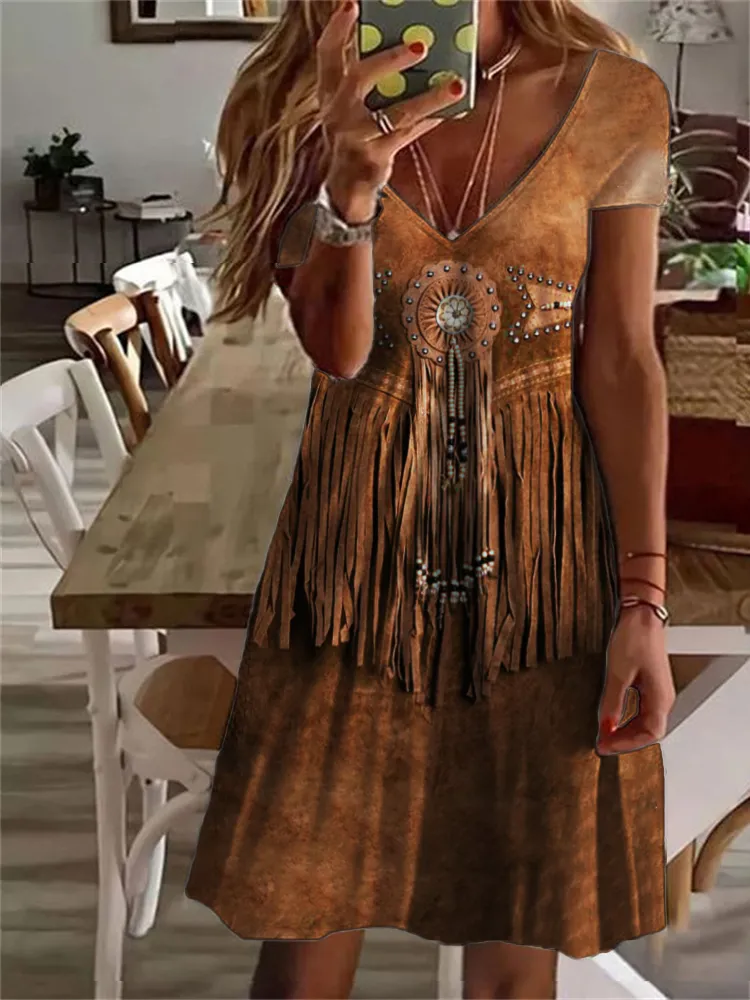 Western Leather Art Graphic V Neck Midi Dress