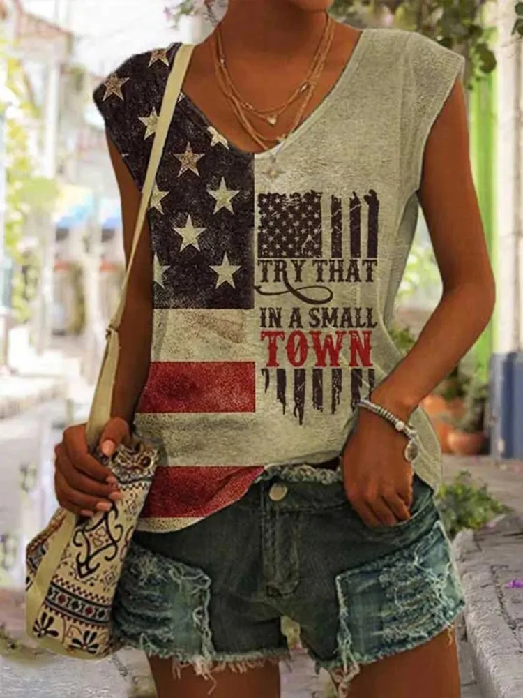 Try That In A Small Town American Flag Print Tank Top