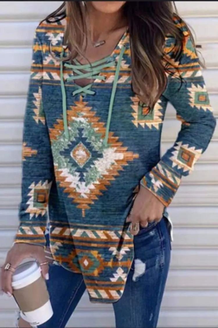 Vintage Western Print Tie Up Long Sleeve Sweatshirt