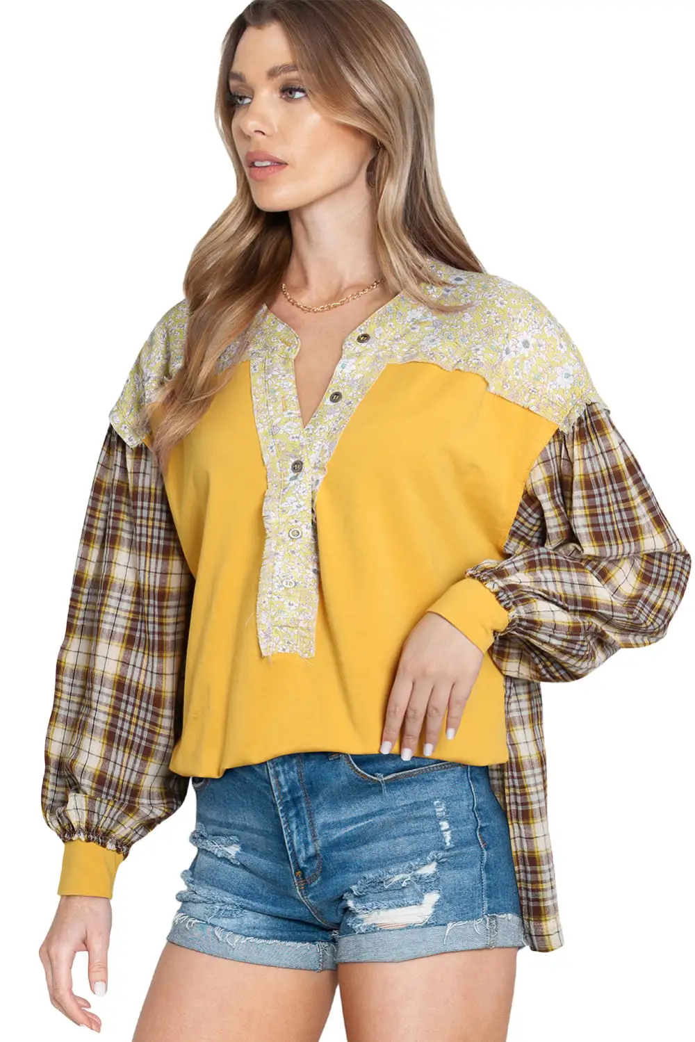 Yellow Floral Plaid Mixed Print Bishop Sleeve Patchwork Top