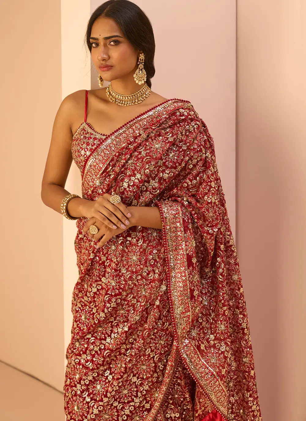 Red Embroidered Gharara Saree