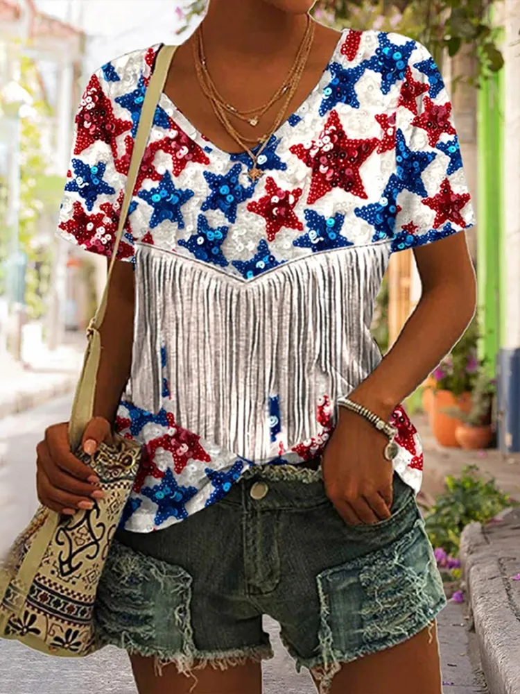 American Flag Stars Glitter Sequin Tassel Print V Neck T-Shirt