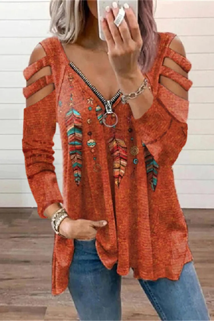 Casual Feather Print Cutout Long Sleeve T-Shirt