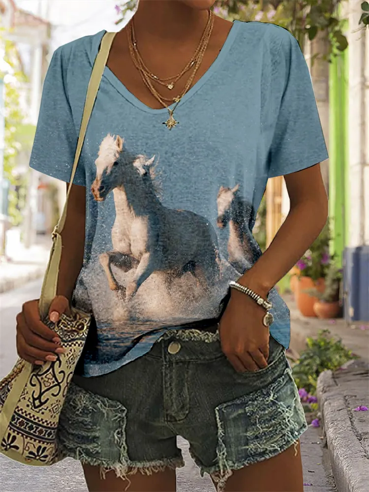 Running Horses Art V Neck Comfy T Shirt