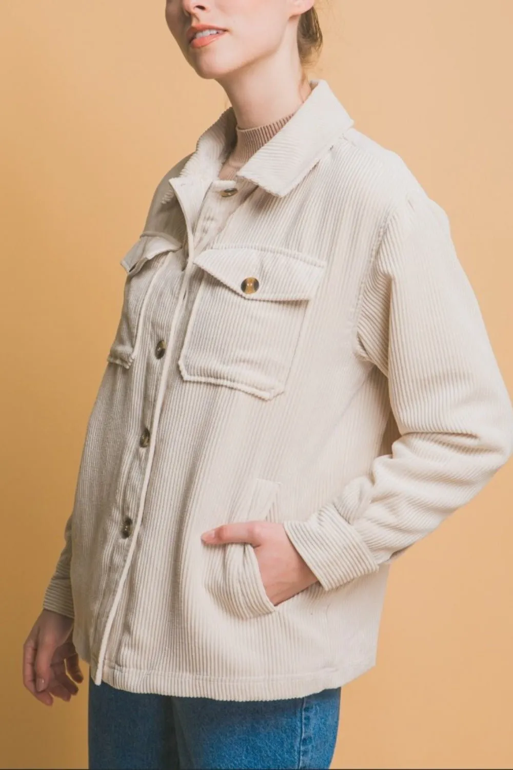 Corduroy Button Up Sherpa Jacket - Cream