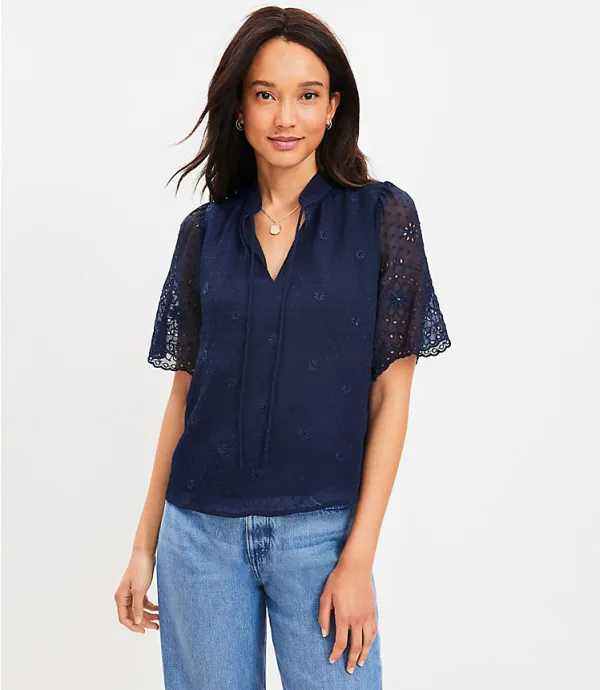 Clip Eyelet Modern Tie Neck Blouse