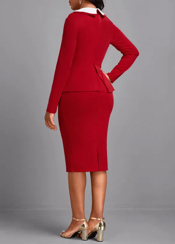 Patchwork Wine Red Long Sleeve Square Neck Bodycon Dress