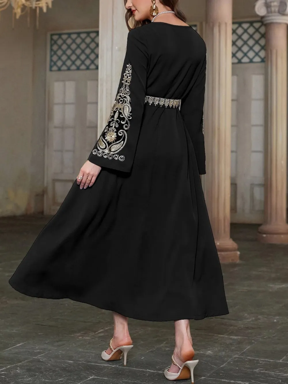 Black long sleeve embroidered dress