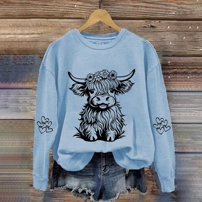 Floral Highland Cow Print Sweatshirt