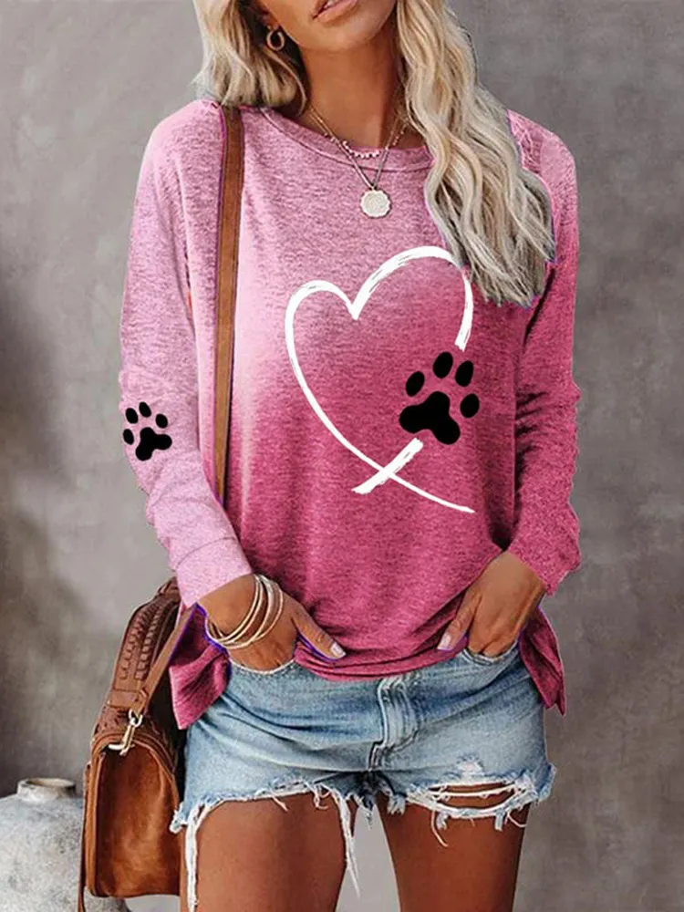 Heart Paw Gradient Print Long Sleeve T-Shirt