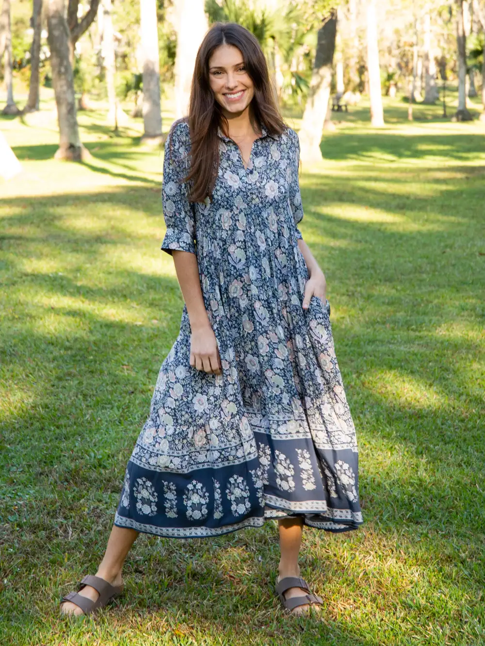 Rebecca Midi Dress - Navy Grey Floral