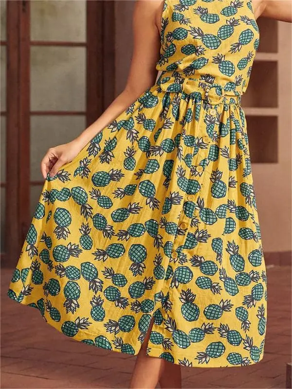 Vintage Pineapple Printed Pleated Flared Skirts