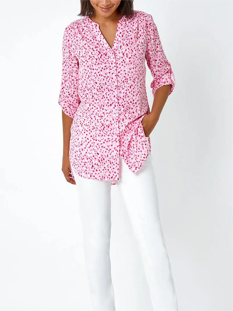 Pink Print Button Up V-Neck Blouse