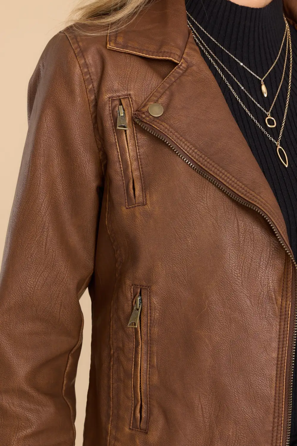 LETS RIDE BROWN FAUX LEATHER MOTO JACKET