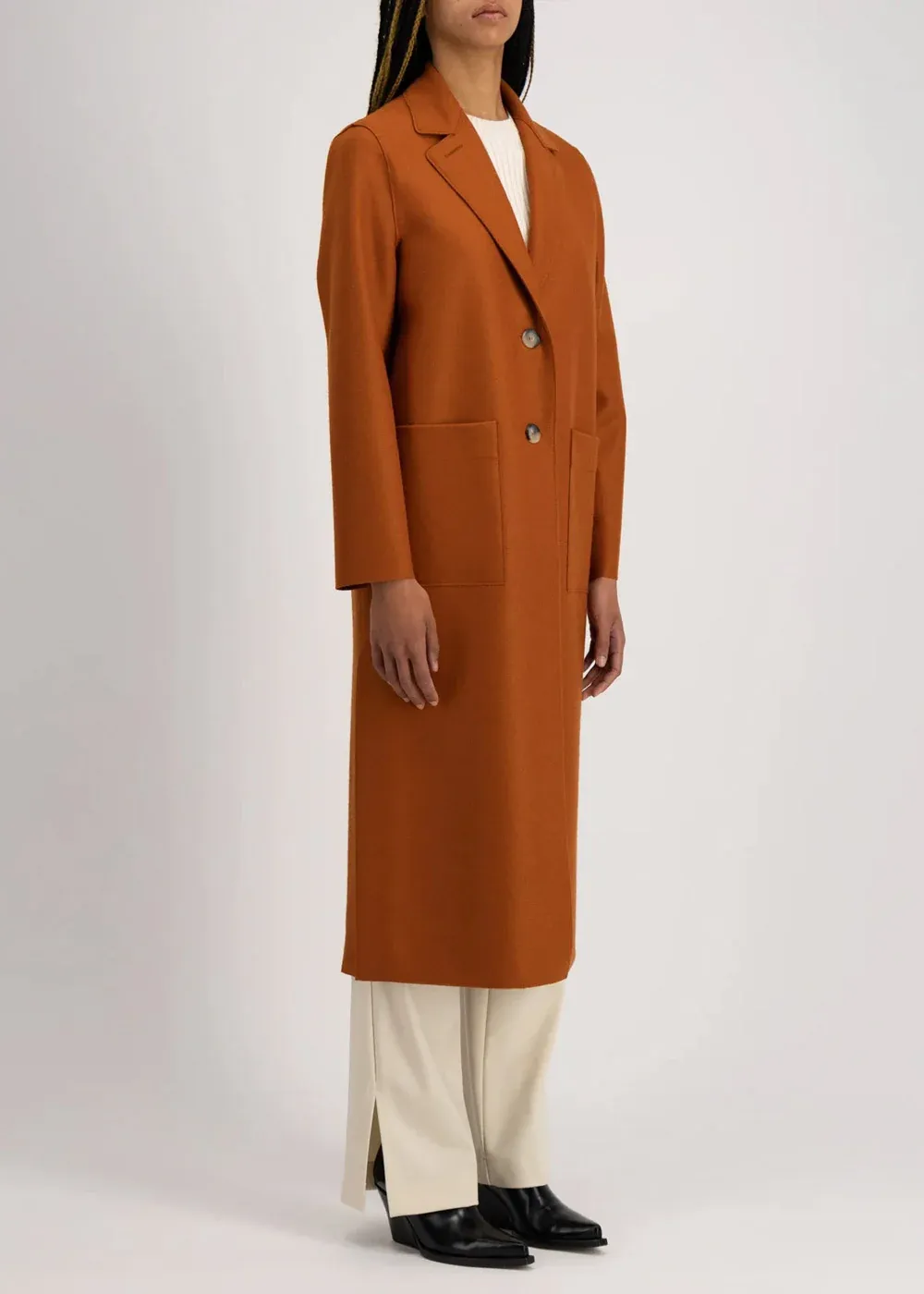 V Neck Double Pockets Long Boxy Coat