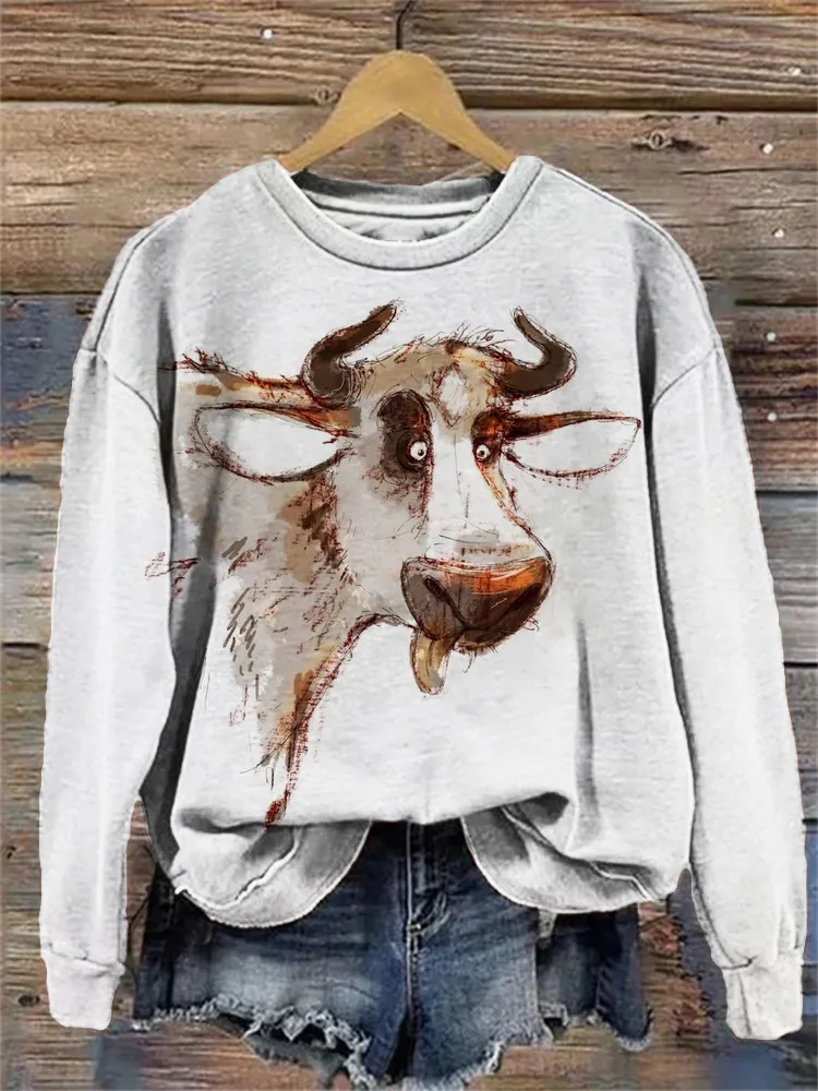 Western Style Fun Cow Print Crew Neck Sweatshirt