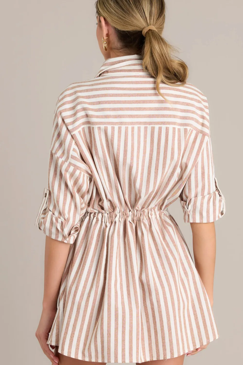 SIMPLE PLEASURES 100% COTTON CAMEL BROWN STRIPE MINI DRESS