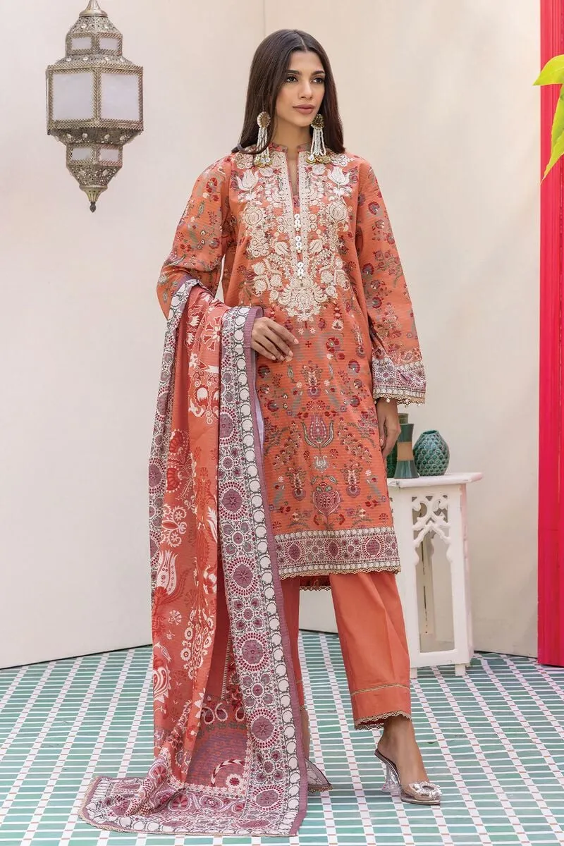 3 Piece Kurta Embroidered | Dupatta& Bottom & Tops | Color Pink orange