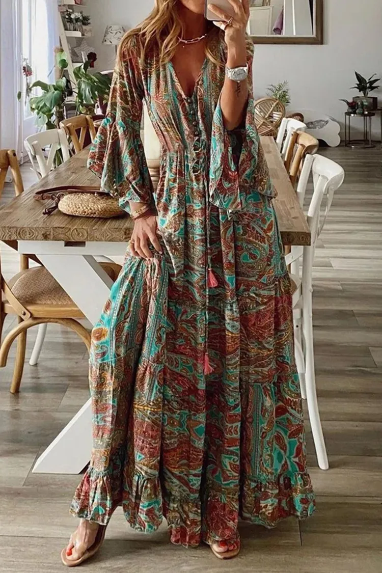 Women‘s’ Boho Floral Pattern Flared Sleeve Maxi Dress