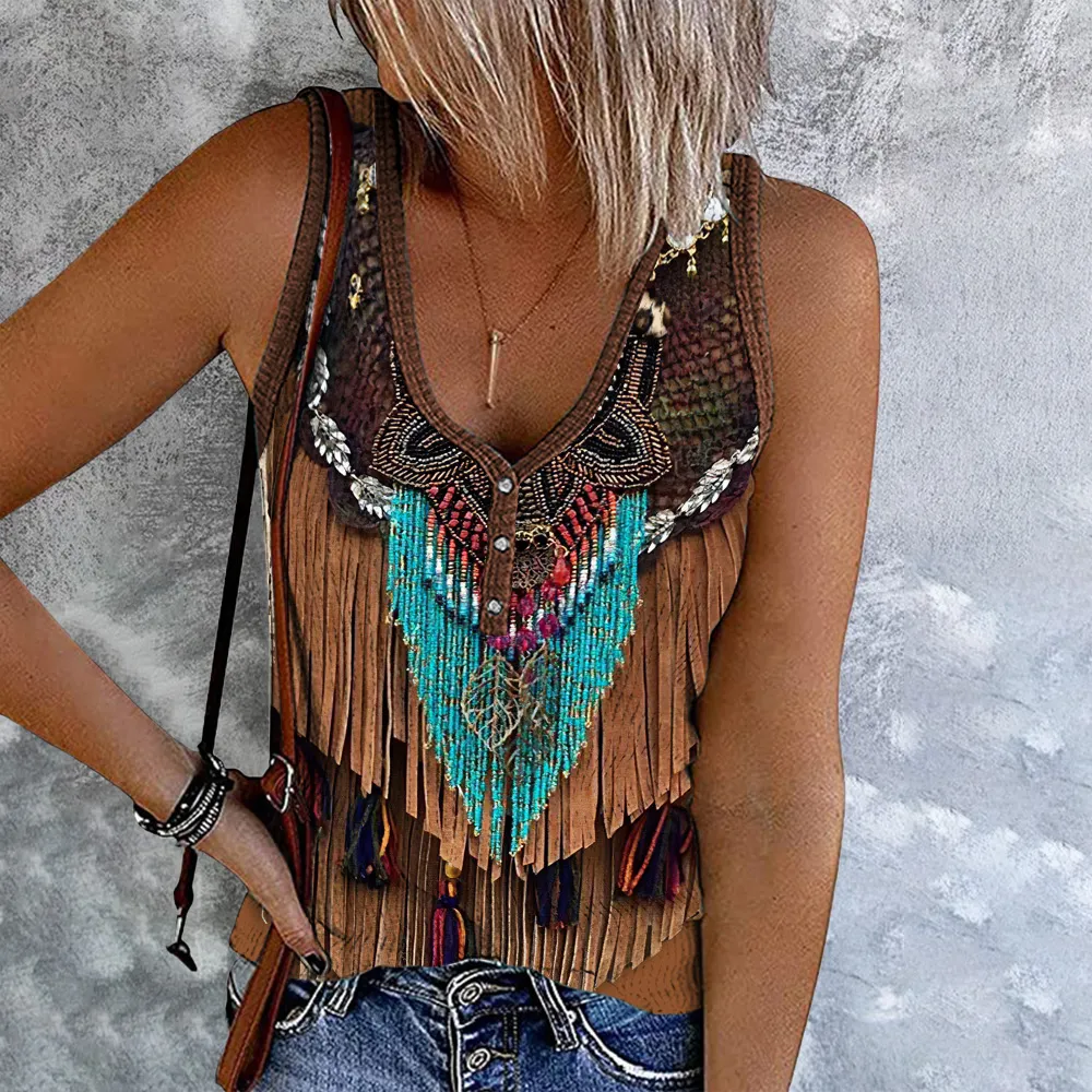 Vintage Western Tassel Print V-Neck Sleeveless Tank Top