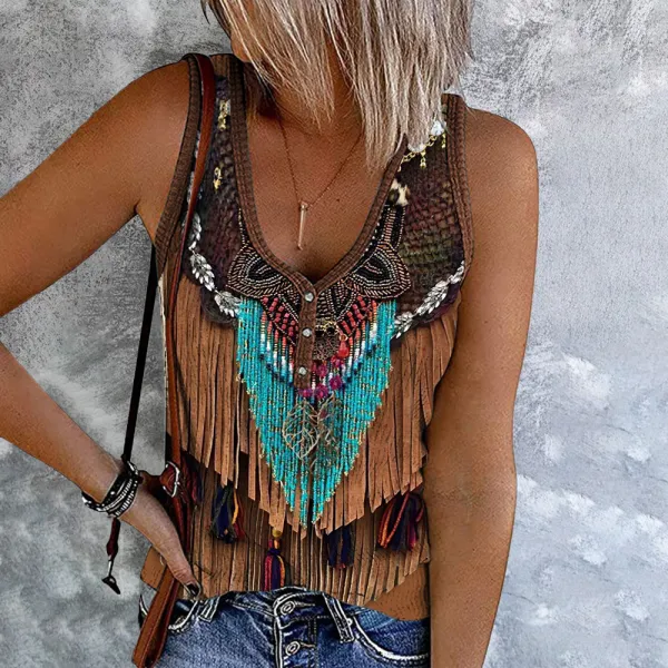 Vintage Western Tassel Print V-Neck Sleeveless Tank Top