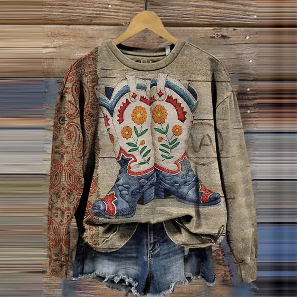 Women's Vintage Tribal Boots And Floral Sweatshirt