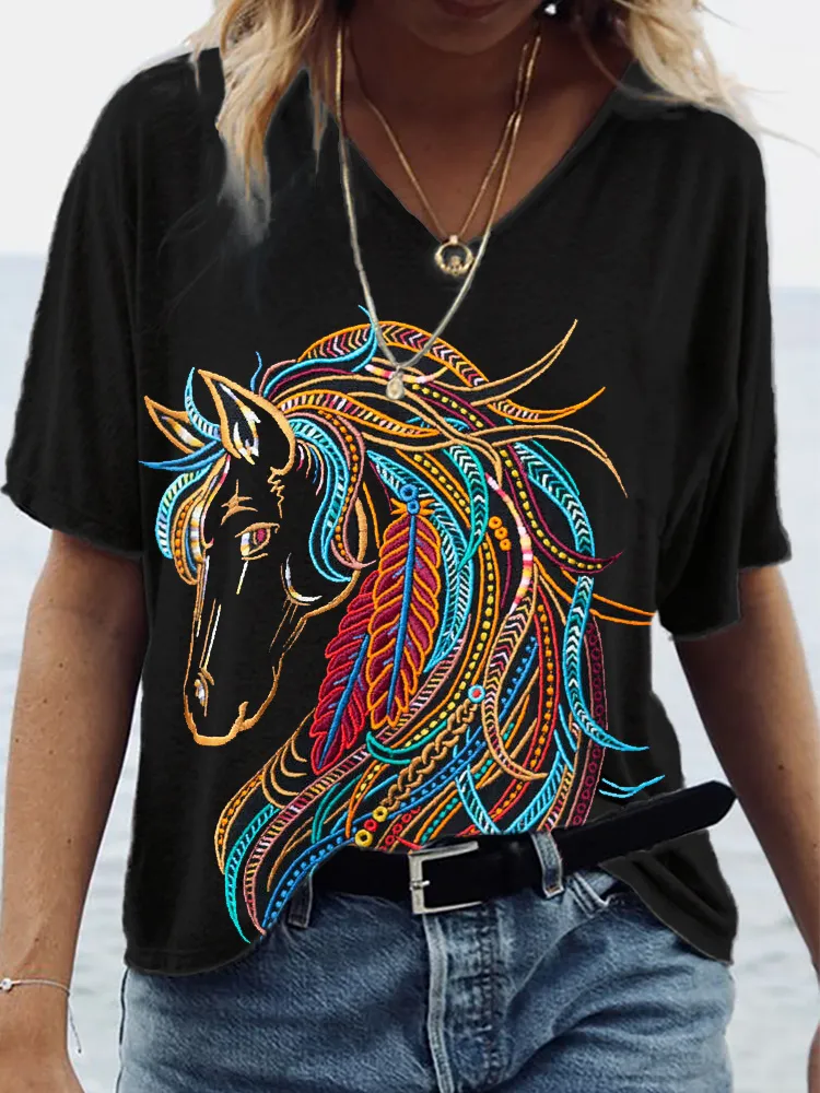 Western Color Horse Embroidery Art Casual T-Shirt