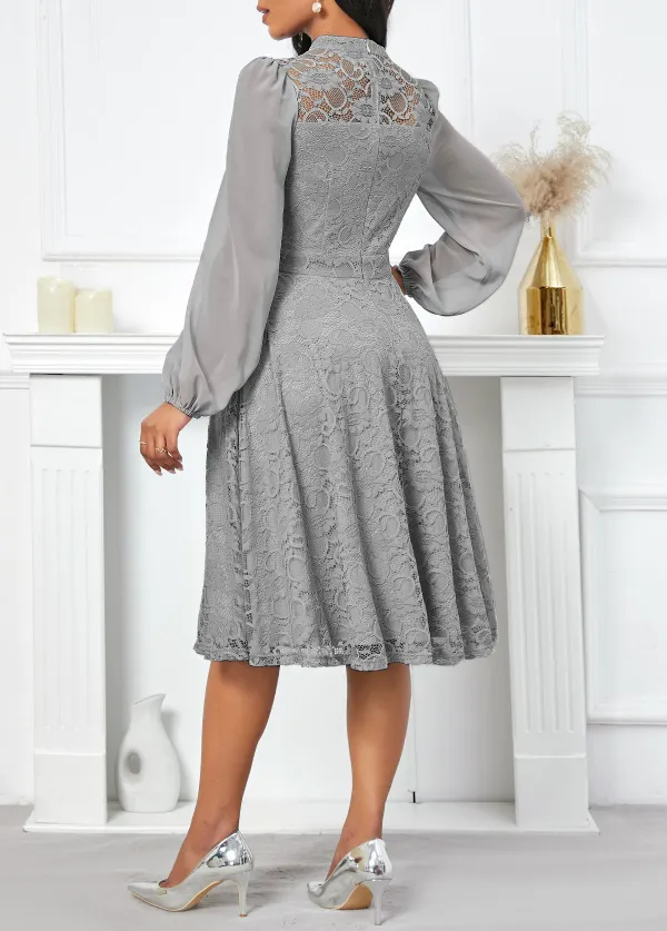 Lace Grey Long Sleeve Stand Collar Dress