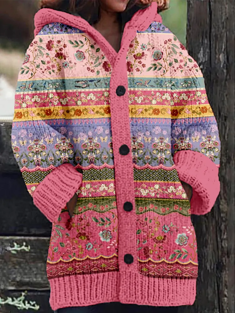 Vintage Boho Floral Pattern Cozy Hooded Cardigan