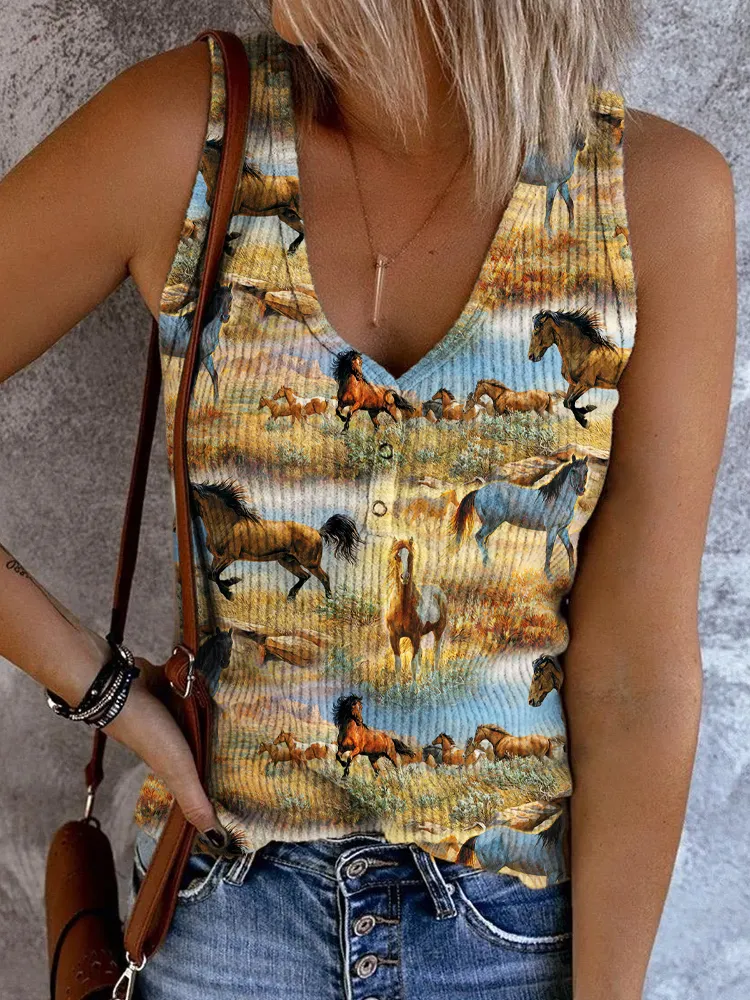 Western Prairie Prancing Horse Print V-Neck Knit Vest