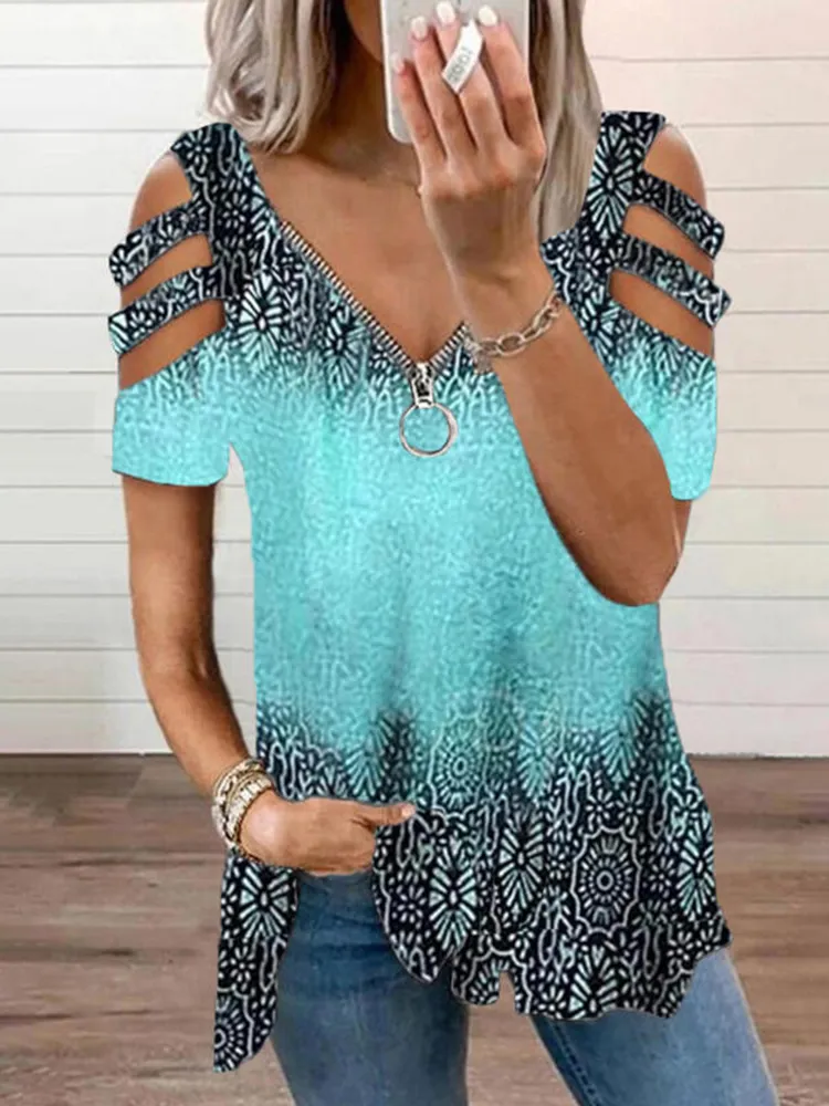 Hollow Out Boho Printed V Neck Short Sleeve T-shirt