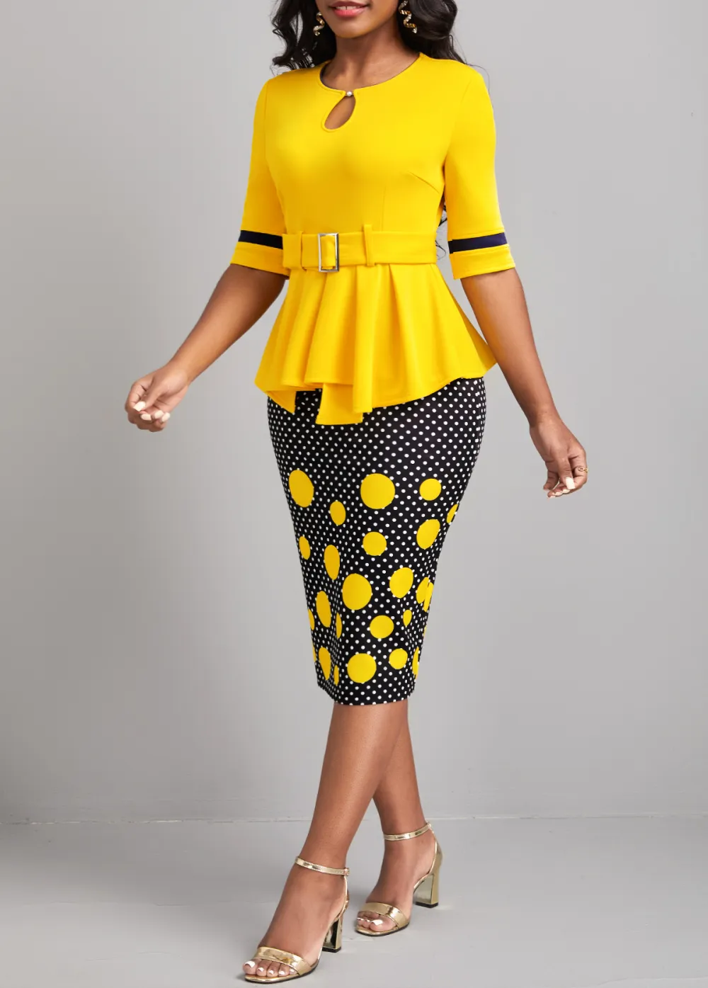 Polka Dot Patchwork Belted Yellow Bodycon Dress