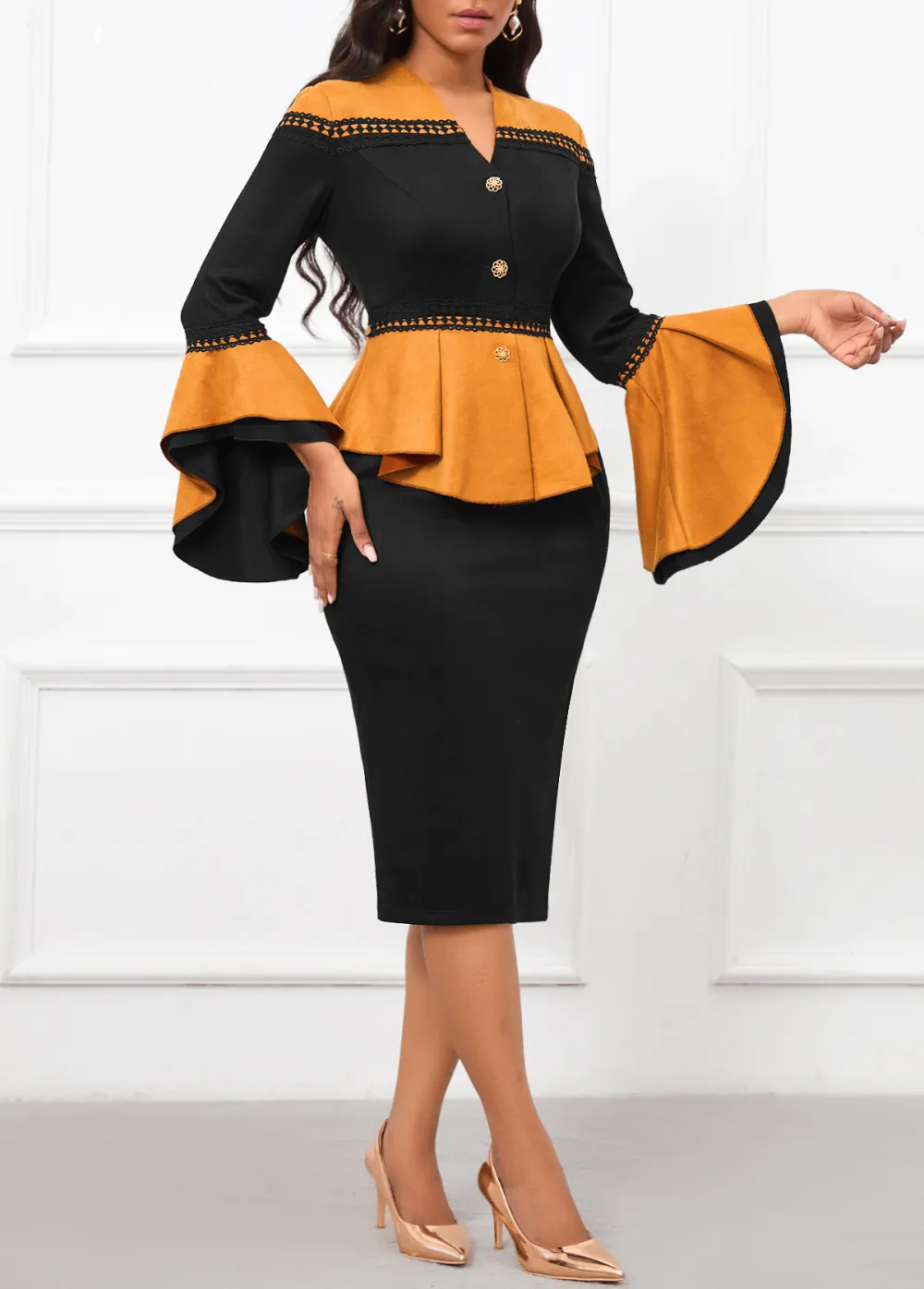 Patchwork Black Long Sleeve V Neck Dress