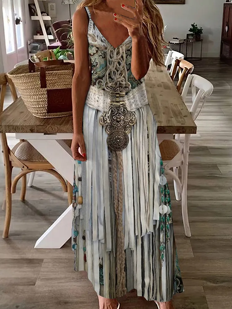 Vintage Ethnic Western Fringe Print Casual Maxi Dress