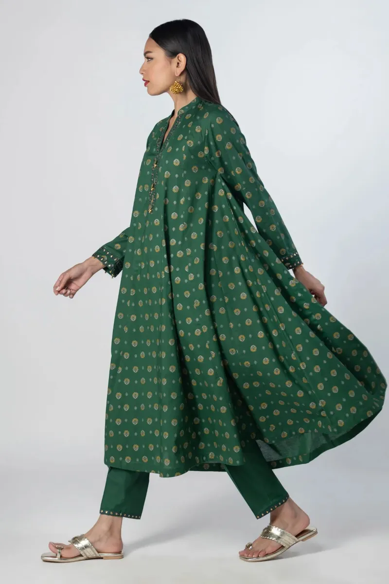 2 Piece Kurta | Embroidered & Pants Dark Green