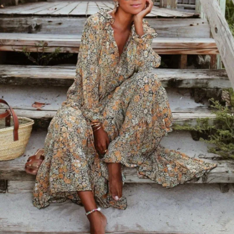 Floral Bohemian V Neck Long Sleeve Maxi Dress