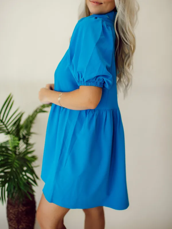 Blue Button Bubble Sleeve Shirt Dress