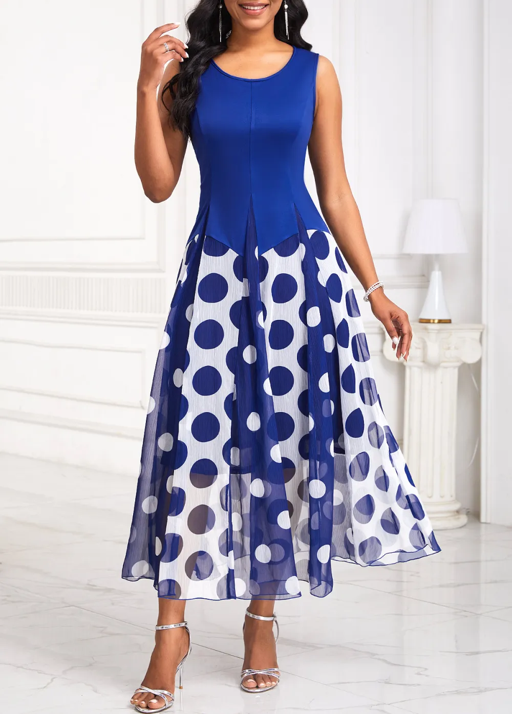 Polka Dot Insert Navy Sleeveless Round Neck Dress