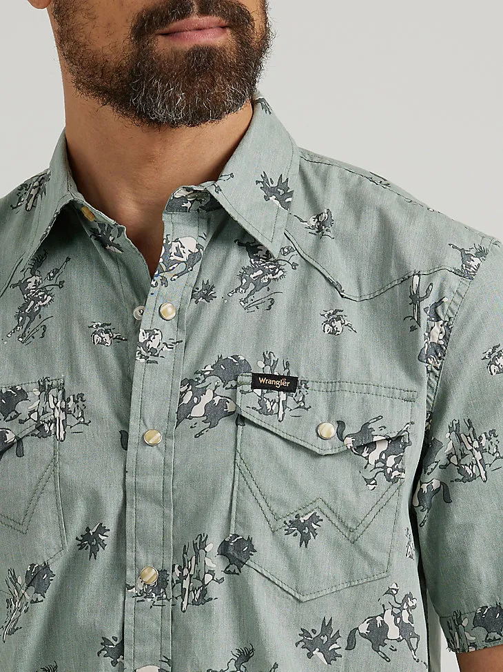 MEN'S SHORT SLEEVE PRINTED SHIRT IN CACTUS COWBOY GREEN