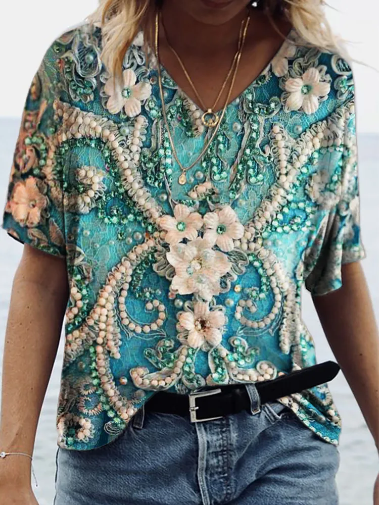 Floral Rhinestone 3D Beaded Lace Art T Shirt