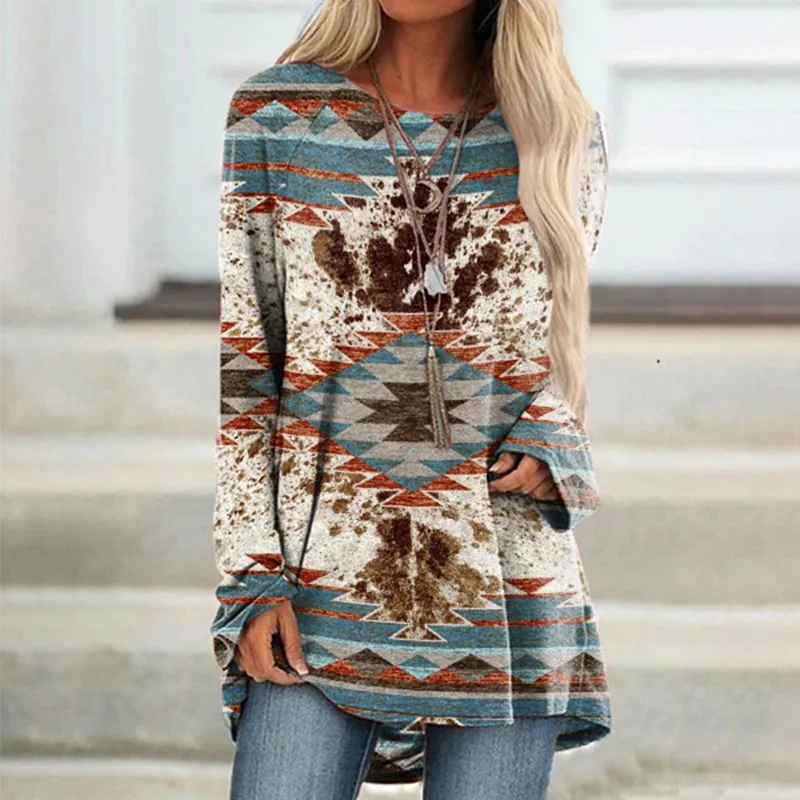 Vintage Western Print Crew Neck Long Sleeve Tunic