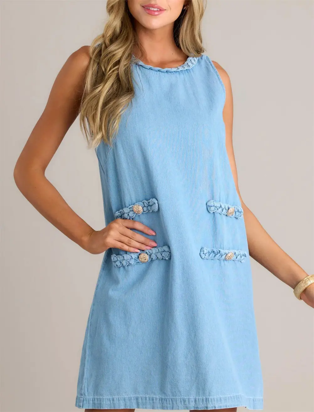 CHIC CHARM 100% COTTON LIGHT BLUE CHAMBRAY MINI DRESS