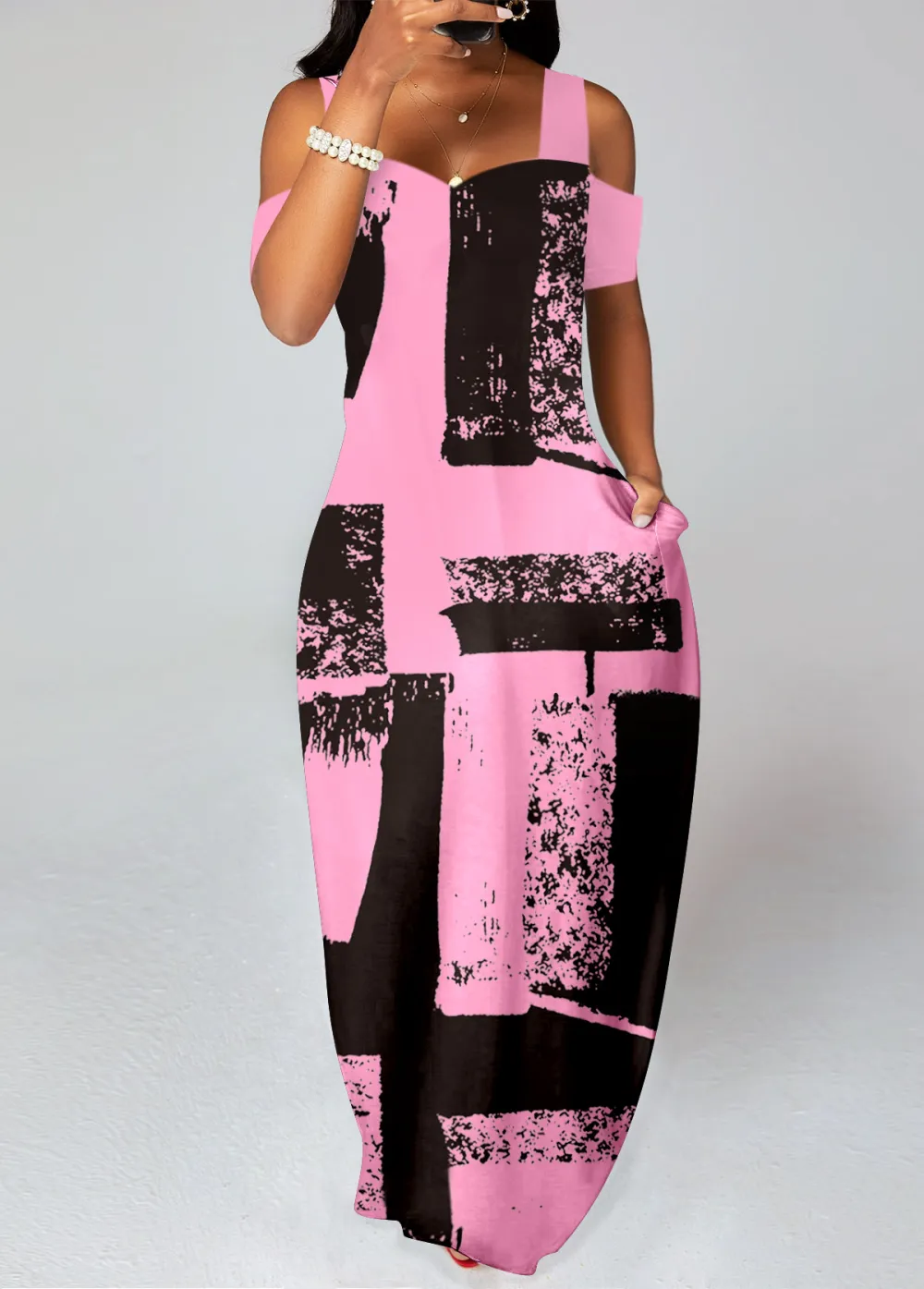 Graffiti Print Pocket Pink O Shape Maxi Dress