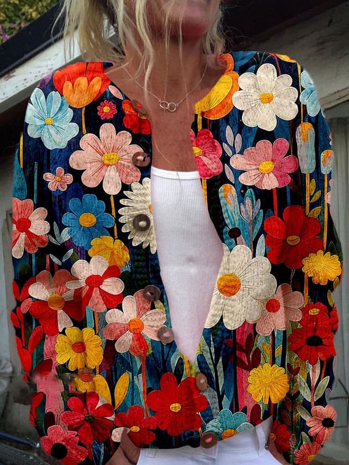 Colorful Flower Print Buttoned Cardigan Sweater