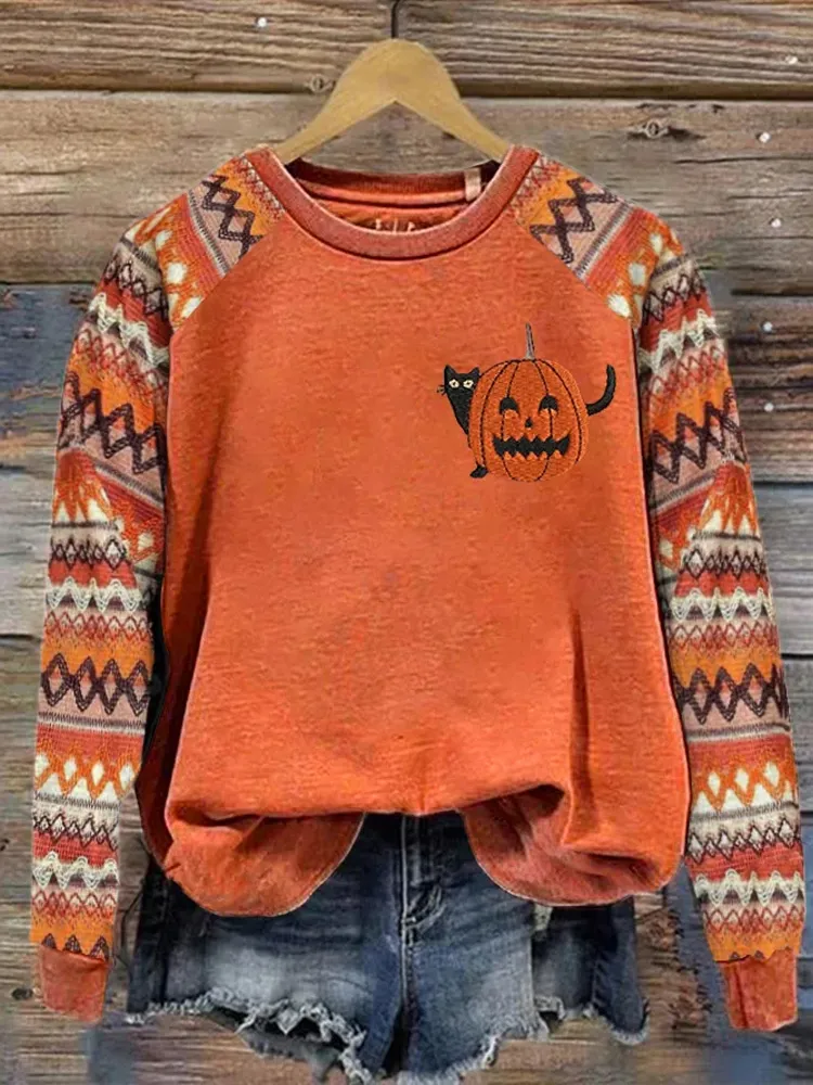 Women's Halloween Black Cat Pumpkin Sweatshirt