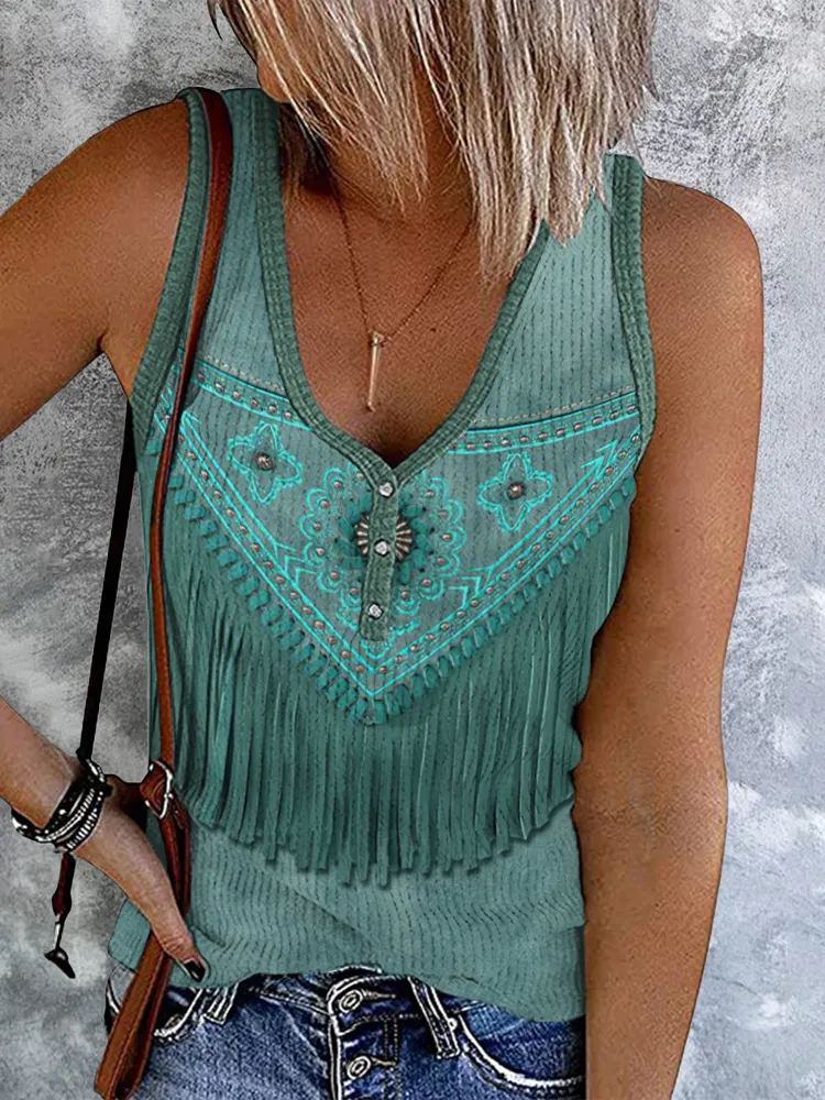 Western Geometry Tassels Button Up Casual Tank Top