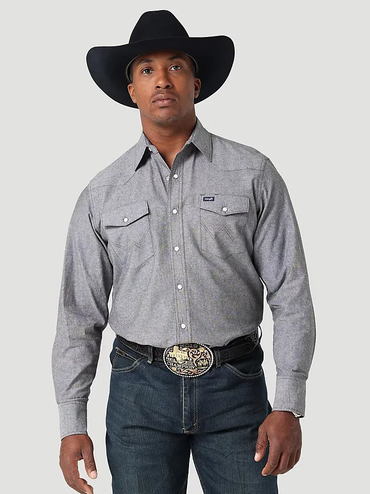 MEN'S COWBOY CUT WORK CHAMBRAY LONG SLEEVE WESTERN SNAP SHIRT IN MOONLESS NIGHT