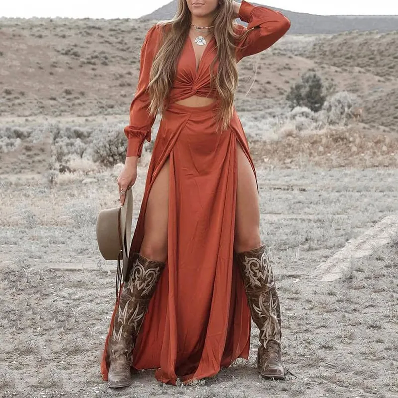 Women's Vintage V Neck Slit Long Sleeve Maxi Dress