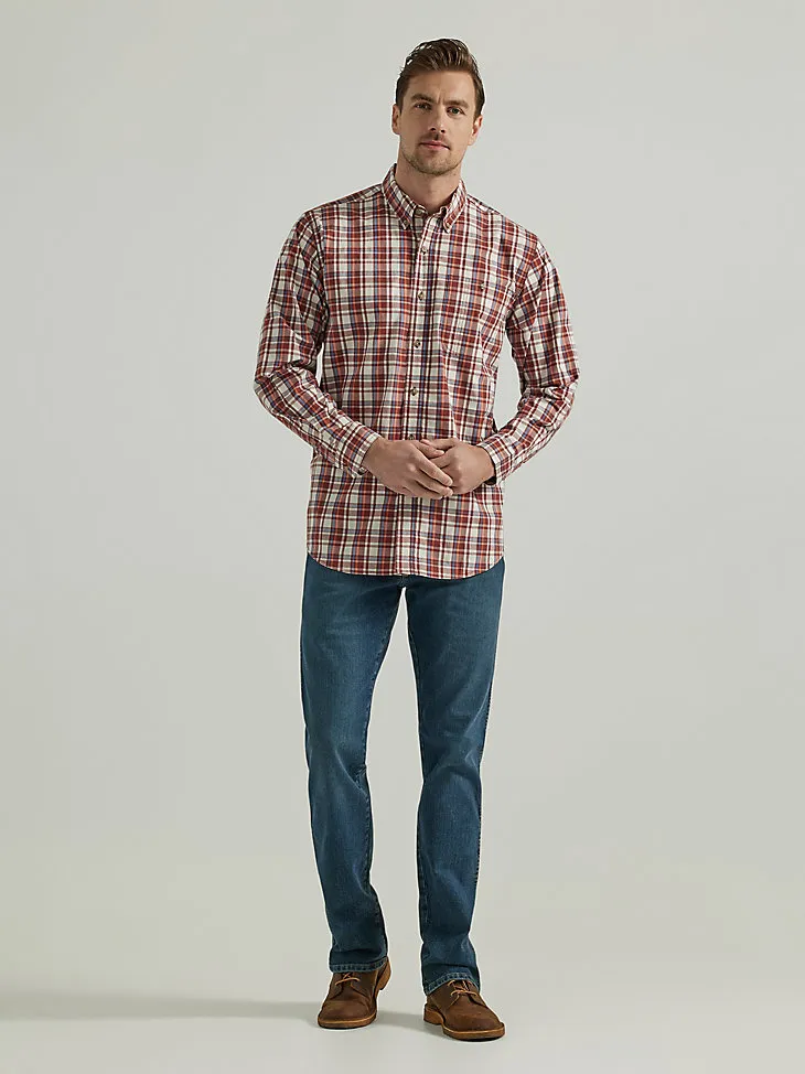 WRANGLER RUGGED WEAR® LONG SLEEVE WRINKLE RESIST PLAID BUTTON-DOWN SHIRT IN TEAL NAVY